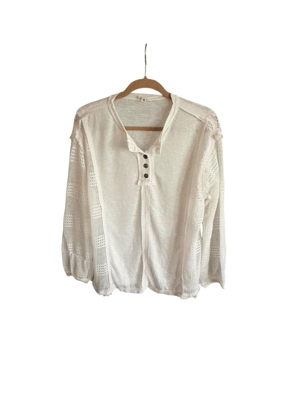 POL Ivory Lace Sleeve Henley Top Boho Cottagecore Lightweight Knit